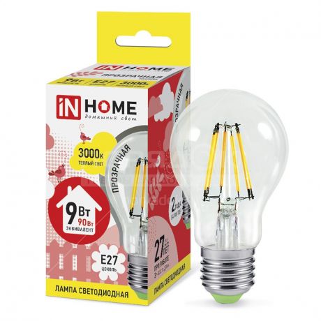 Лампа светодиодная In Home груша нитевидная LED-A60-deco, 9 Вт, Е27, теплый белый свет