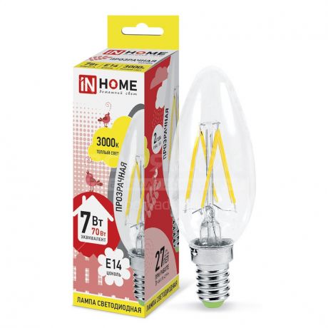 Лампа светодиодная IN HOME свеча нитевидная LED-СВЕЧА-deco, 7 Вт, Е14, теплый белый свет