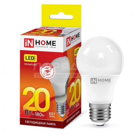 Лампа светодиодная In Home груша LED-A60-VC, 20 Вт, Е27, теплый белый свет