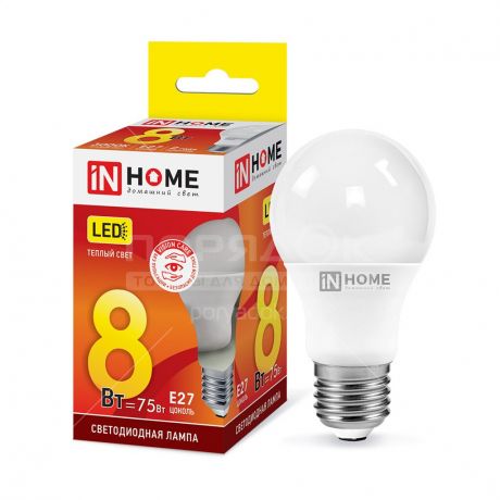 Лампа светодиодная In Home груша LED-A60-VC, 8 Вт, Е27, теплый белый свет