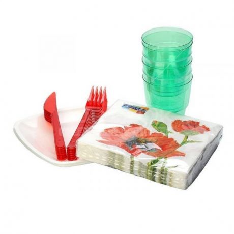 Набор одноразовой посуды (вилки, ножи, стаканы, тарелки, салфетки), Мистерия Буфет Стайл, 6 комплектов