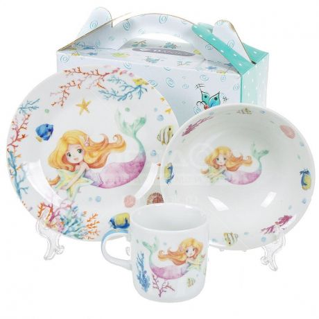 Набор детской посуды из фарфора Русалка, 3 предмета (кружка 230 мл, тарелка 175 мм, салатник 150 мм)