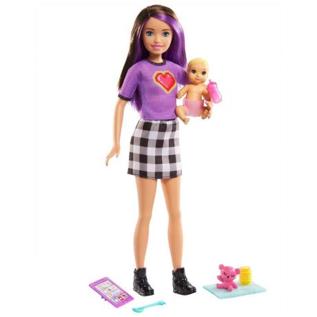 Кукла Mattel Barbie Скиппер Няня в клетчатой юбке с малышом и аксессуарами GRP11