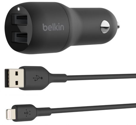 Автомобильное зарядное устройство Belkin Dual USB-A + кабель USB-Lightning (черный)