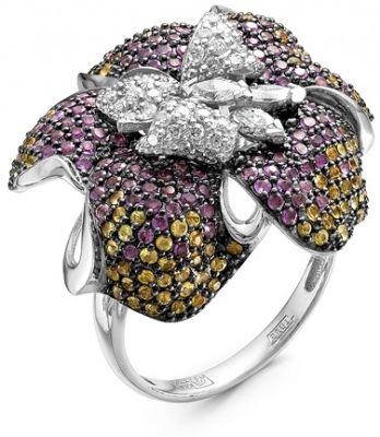 Кольцо с сапфирами, аметистами и бриллиантами из белого золота