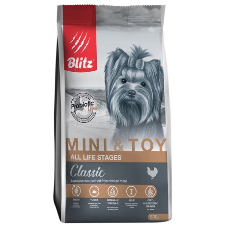 Корм сухой Blitz Adult Mini&Toy для взрослых собак миниатюрных и мелких пород 500 г