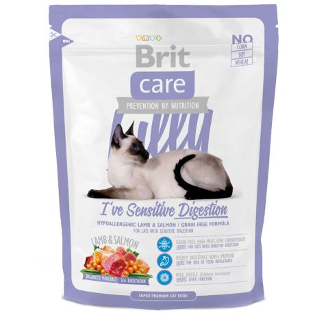 Корм сухой Brit Care беззерновой с ягненком и лососем при чувствительном пищеварении для кошек 400 г
