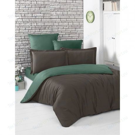 Комплект постельного белья Karna 1,5 сп, сатин, двухстороннее Loft шоколадный-зеленый (2983/CHAR009)