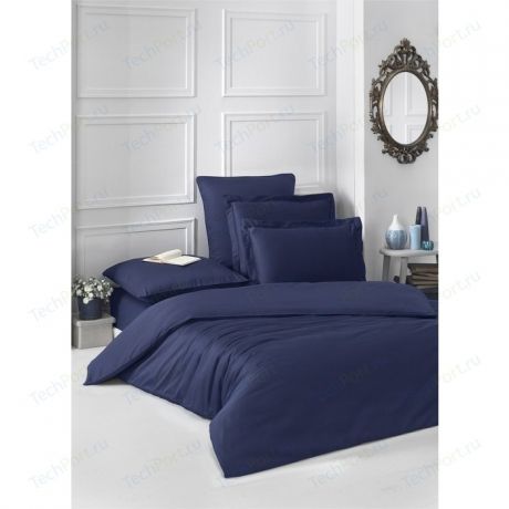 Комплект постельного белья Karna Евро, сатин, однотонный Loft темно-синий (2986/CHAR009)