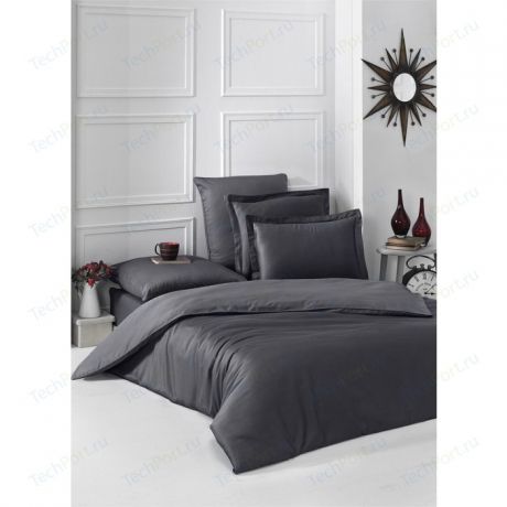 Комплект постельного белья Karna Евро, сатин, однотонный Loft темно-серый (2986/CHAR008)