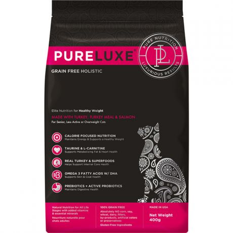 Сухой корм PureLuxe для нормализации веса кошек с индейкой и лососем 400г