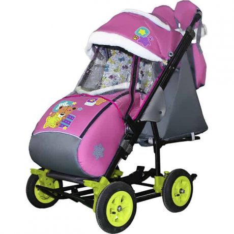 Санки-коляска SNOW GALAXY City-3-2 Мишка со звездой на розовом на больших наду колёсах+сумка+варежки