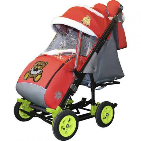 Санки-коляска SNOW GALAXY City-3-2 Мишка с бабочкой на красном на больших надувных колёсах+сумка+варежки