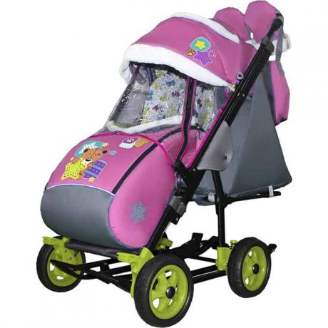 Санки-коляска SNOW GALAXY City-3-1 Мишка со звездой на розовом на больших колёсах+сумка+варежки