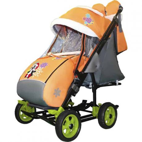 Санки-коляска SNOW GALAXY City-3-1 Пингвин на оранжевом на больших колёсах+сумка+варежки