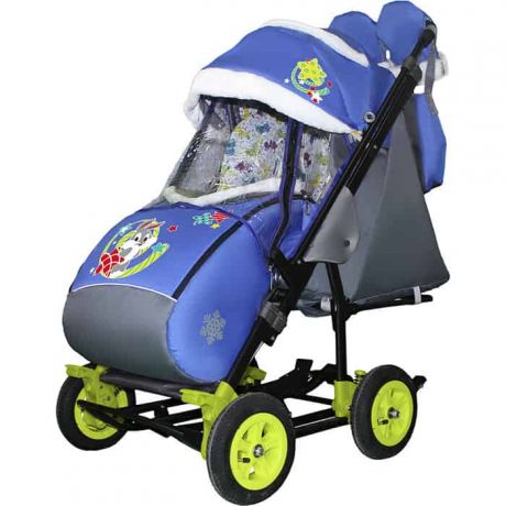 Санки-коляска SNOW GALAXY City-3-2 Зайка серый на синем на больших надувных колёсах+сумка+варежки
