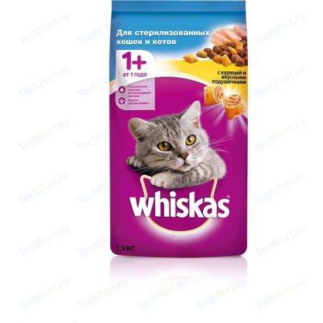 Сухой корм Whiskas с курицей и вкусными подушечками для стерилизованных кошек 1,9кг (10139177)