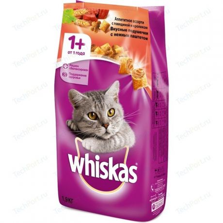 Сухой корм Whiskas ассорти с говядиной и кроликом и подушечки с паштетом для кошек 1,9кг (10150204)