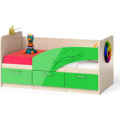 Кровать детская СВК Дельфин 1,6 дуб атланта/зеленое яблоко глянец 80х160 без матраса, основание, универсальная сборка