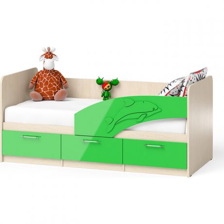 Кровать детская СВК Дельфин 1,8 дуб атланта/зеленое яблоко глянец 80х180 без матраса, основание, универсальная сборка