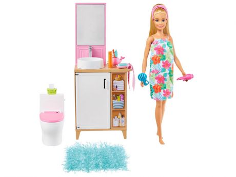 Кукла Mattel Barbie Блондинка в ванной с раковиной и туалетом GRG87