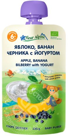 Пюре Fleur Alpine Organic Яблоко банан черника с йогуртом 120г