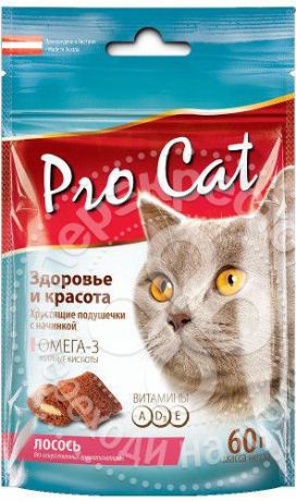 Лакомство для кошек Pro Cat Подушечки Здоровье и красота Лосось 60г (упаковка 6 шт.)