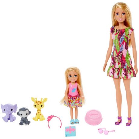 Кукла Mattel Barbie Барби и Челси с питомцами жираф, слон и обезьянка GTM82