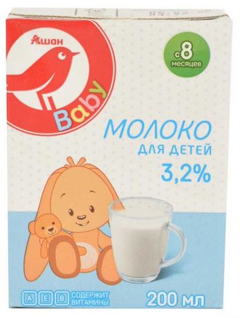 Молоко ультрапастеризованное АШАН Baby 3,2% с 8 мес, 200 мл