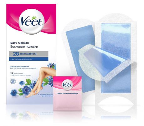 Восковые полоски для депиляции Veet Easy Gel-Wax для чувствительной кожи, 12 шт