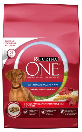 Сухой корм для собак Purina ONE для средних и крупных пород с высоким содержанием говядины и с рисом, 3,8 кг