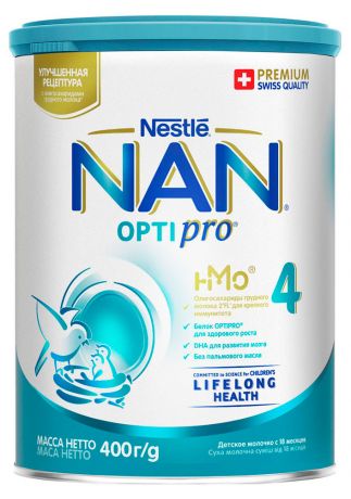 Смесь сухая Optipro Nestle NAN 4 молочко для роста иммунитета и развития мозга с 18 мес, 400 г