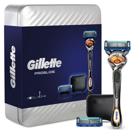 Подарочный набор в металлической коробке Бритва Gillette Fusion Proglide со сменными кассетами + Чехлом для бритвы, 1 шт