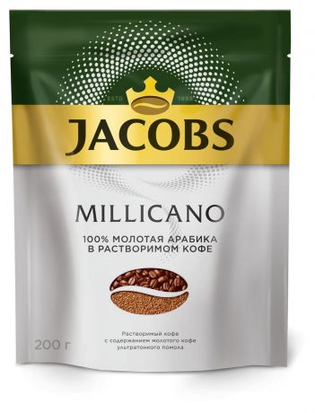 Кофе растворимый Jacobs MILLICANO c добавлением кофе натурального жареного молотого, 200 г
