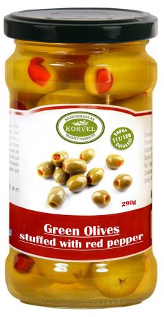 Оливки зеленые Korvel фаршированные красным перцем, 290 г