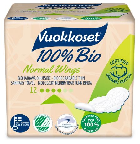 Прокладки гигиенические Vuokkoset Bio 100% Normal Wings, 12 шт
