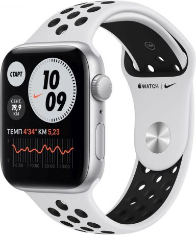 Apple Watch Nike SE, 44 мм, корпус из алюминия серебристого цвета, спортивный ремешок Nike