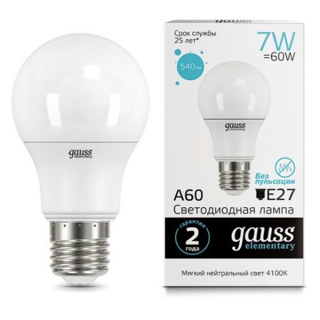 Лампа LED GAUSS E27, груша, 7Вт, 4100К, белый нейтральный, A60, 1 шт. [23227a]