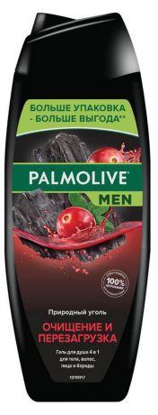 Гель для душа мужской Palmolive Men Очищение и перезагрузка 4 в 1 для тела волос лица и бороды с природным углем, 500 мл
