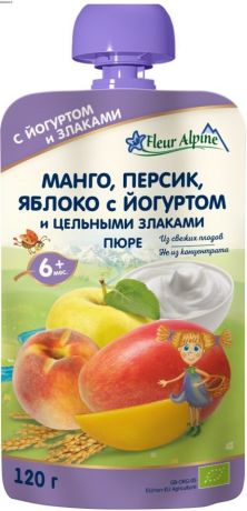 Пюре Fleur Alpine Organic Манго персик яблоко с йогуртом с 6 месяцев 120г (упаковка 6 шт.)