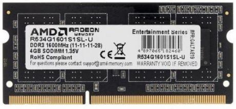 Оперативная память для ноутбука 4Gb (1x4Gb) PC-12800 1600MHz DDR3L SO-DIMM CL11 AMD R534G1601S1SL-U