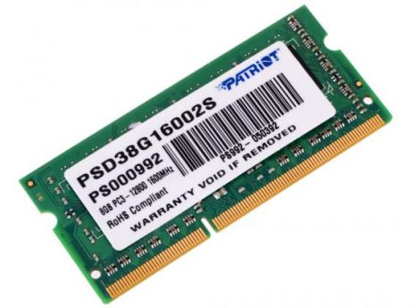 Оперативная память для ноутбука 8Gb (1x8Gb) PC3-12800 1600MHz DDR3 SO-DIMM CL11 Patriot PSD38G16002S