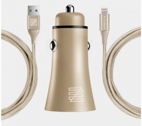 Автомобильное зарядное устройство LENZZA Razzo Metallic Car Charger. Два порта USB 5В, 2,1А. В комплекте: кевларовый кабель Lightning to USB Cable. Цвет золотой.