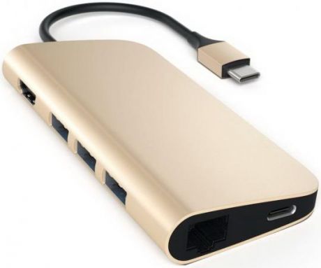 USB адаптер Satechi Aluminum Multi-Port Adapter 4K with Ethernet. Интерфейс USB-C. Порты: USB Type-C, 3хUSB 3.0, 4K HDMI, Ethernet RJ-45, SD / micro-SD. Цвет золотой.