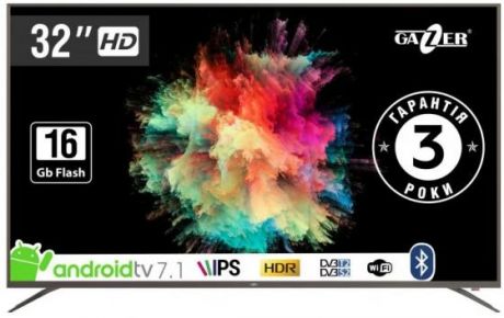 Телевизор 32" Gazer TV32-HS2G серый 1366x768 60 Гц Wi-Fi Smart TV VGA 3 х HDMI 2 х USB RJ-45 Bluetooth Оптический выход