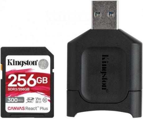 Карта памяти SDXC Kingston Canvas React Plus, 256 Гб, UHS-II Class U3 V90, с USB-ридером