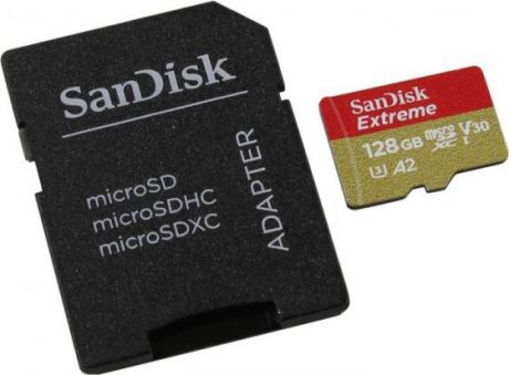 Флеш карта microSD 128GB SanDisk microSDXC Class 10 UHS-I A2 C10 V30 U3 Extreme for Action Cams and Drones (SD адаптер) SDSQXA1-128G-GN6AA