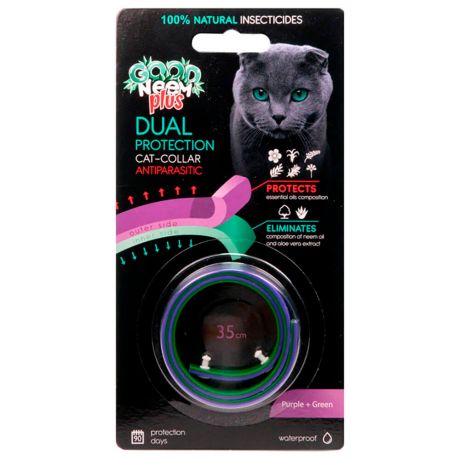 Биоошейник Good Neem Plus для кошек и котят с маслом дерева ним фиолетовый/зеленый 35см двухсл fg042