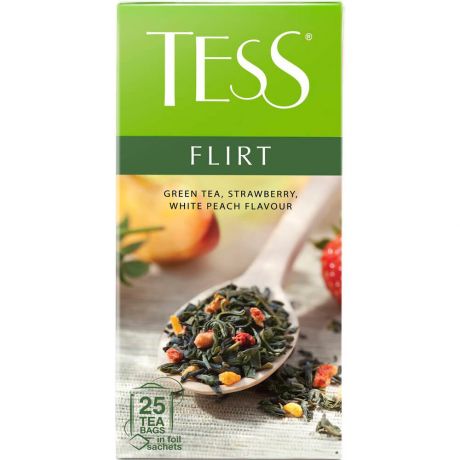 Чай зеленый Tess Flirt с белым персиком и клубникой 25 пакетиков по 1,5г