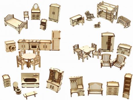 Кукольные домики и мебель ХэппиДом Большой набор Кукольной мебели из дерева 6 в 1